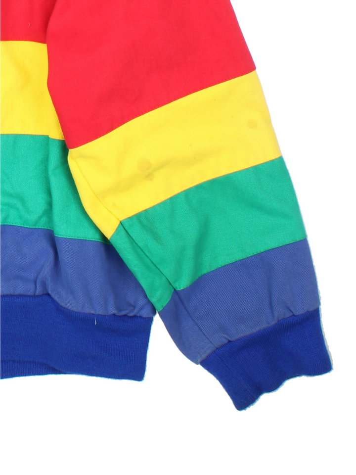 Vintage Jeff Gordon Du Pont, NASCAR bomber jacket in red, yellow, green and blue. Features embroidered badges.