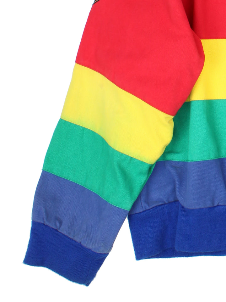 Vintage Jeff Gordon Du Pont, NASCAR bomber jacket in red, yellow, green and blue. Features embroidered badges.