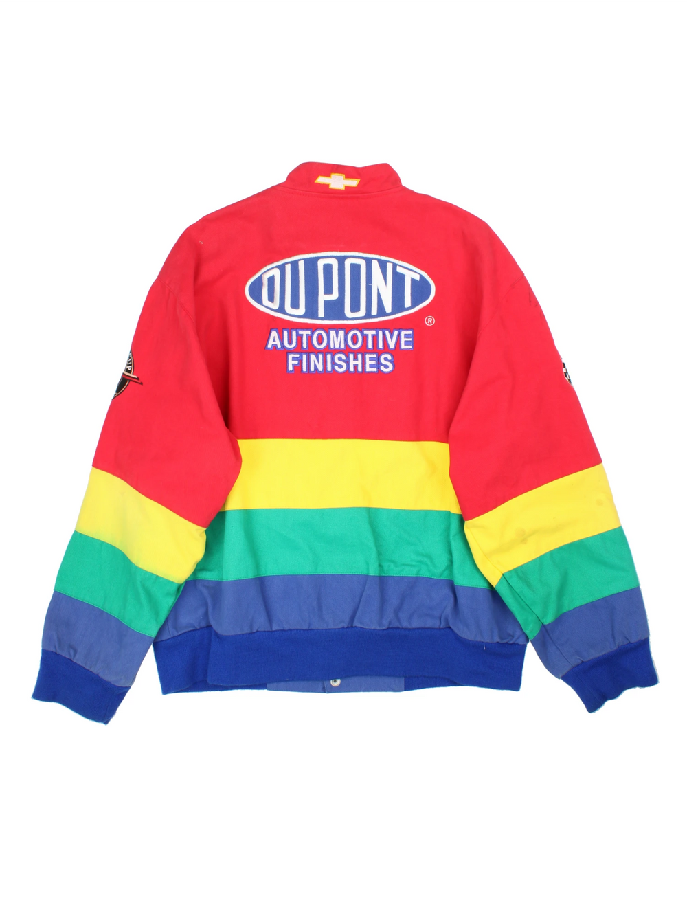 Vintage Jeff Gordon Du Pont, NASCAR bomber jacket in red, yellow, green and blue. Features embroidered badges.
