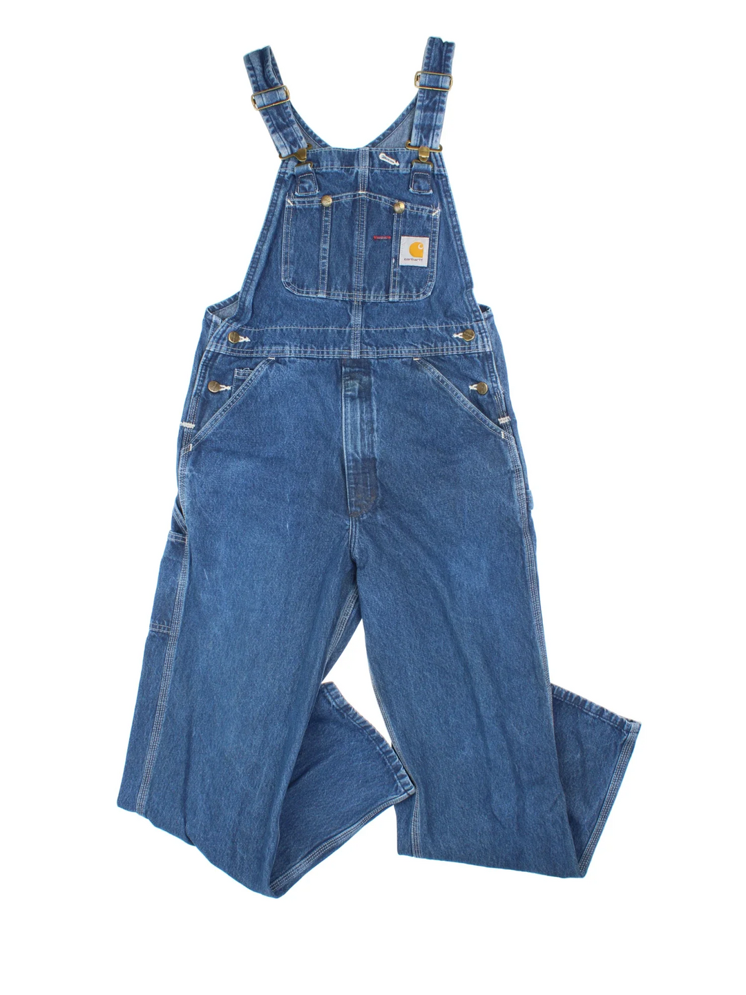 Carhartt Dungarees in blue colourway with multiple pockets, adjustable straps and the logo embroidered on the front.