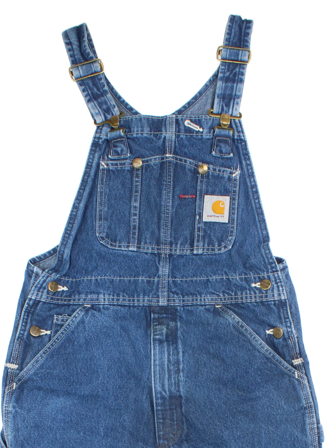 Carhartt Dungarees in blue colourway with multiple pockets, adjustable straps and the logo embroidered on the front.