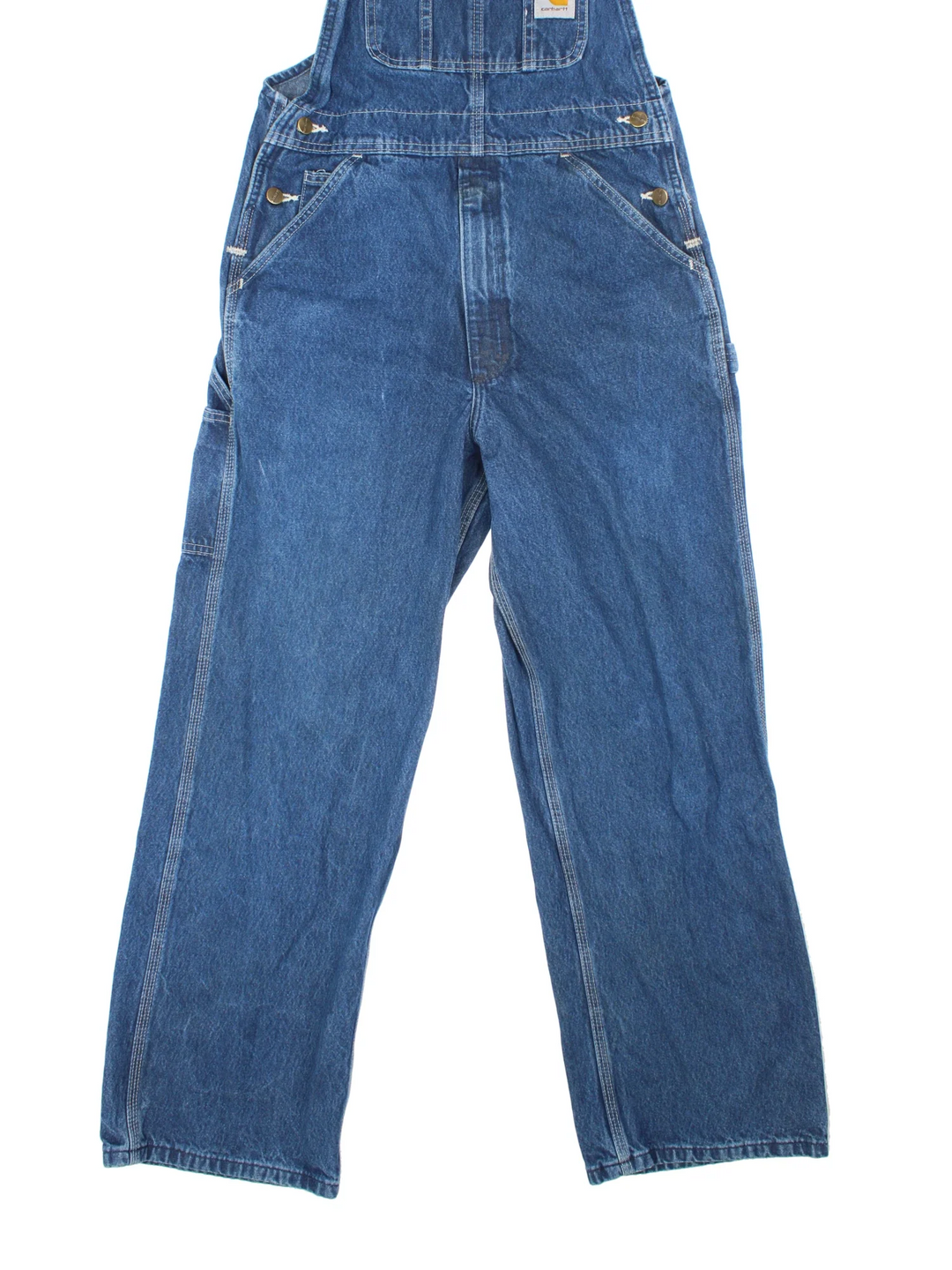 Carhartt Dungarees in blue colourway with multiple pockets, adjustable straps and the logo embroidered on the front.