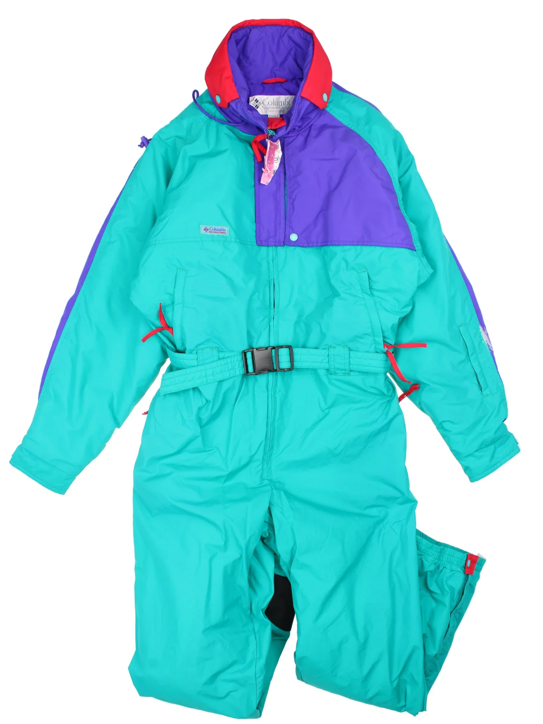 90's Columbia Ski Suit in green colourway with multiple pockets, some slight padding, elasticated waistband. Comes with adjustable belt and embroidered branding on the front.