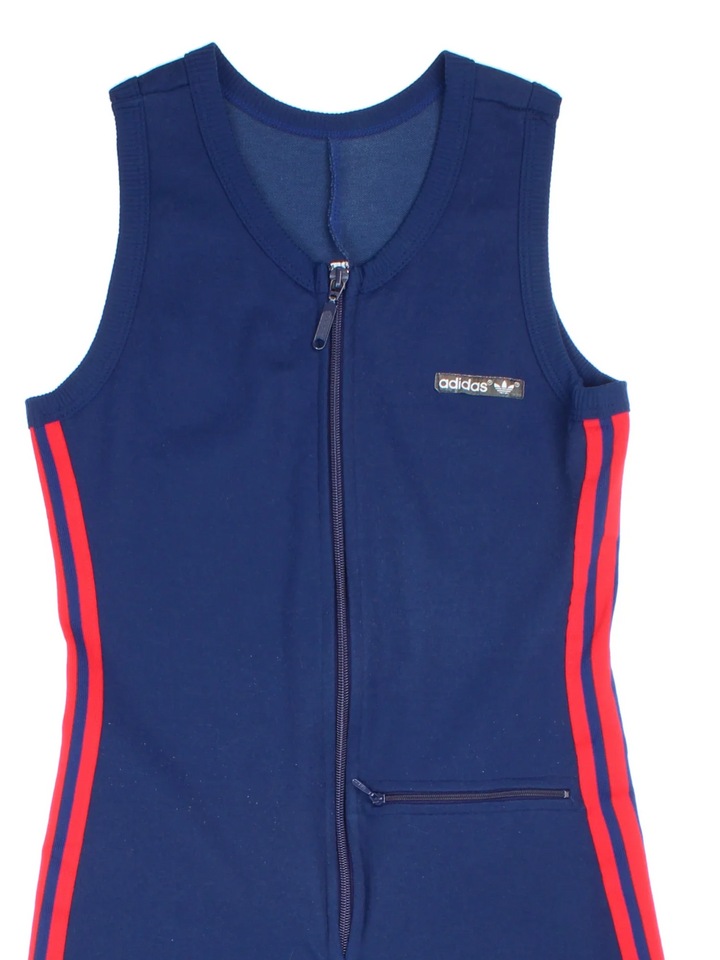 80's Adidas One Piece in blue colourway with zip fastening, contast stripes and the logo embroidered on the front.