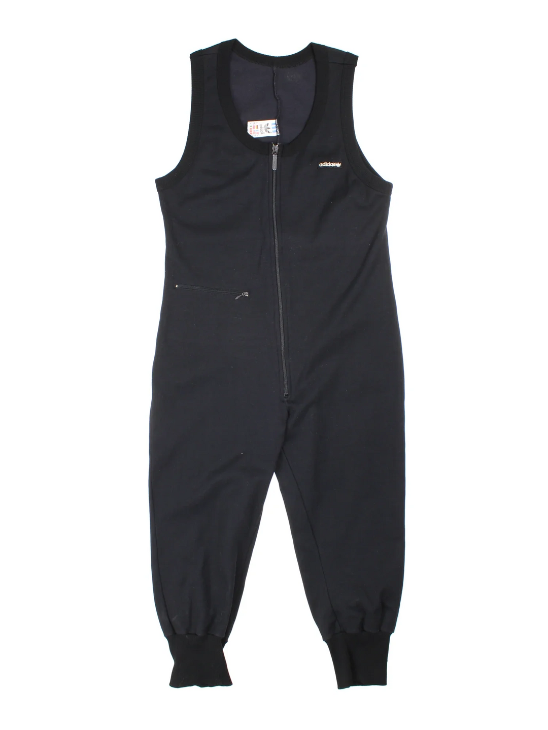 80's Adidas One Piece in black colourway with zip fastening, front zip pocket and the logo embroidered on the front.