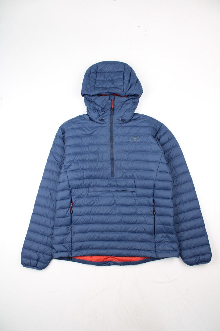 Mountain Equipment Earthrise Down Jacket in a blue colourway. Half zip pullover jacket, has two front pouch pockets, insulated lining, hooded, and has the logo printed on the front.