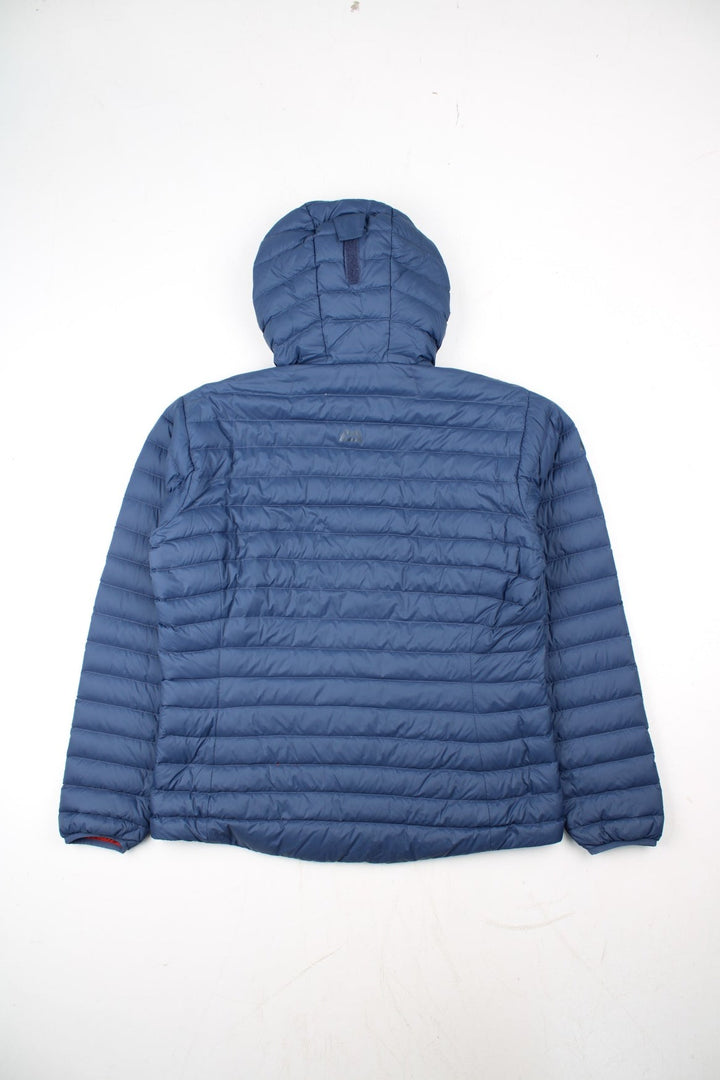 Mountain Equipment Earthrise Down Jacket in a blue colourway. Half zip pullover jacket, has two front pouch pockets, insulated lining, hooded, and has the logo printed on the front.