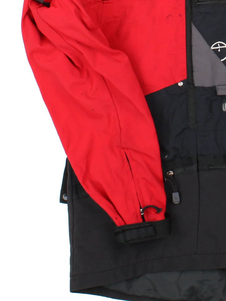 Vintage 90's The North Face Steep Tech Jacket in a red/black colourway, zips up and has multiple pockets, hooded, insulated with a gore tex lining, and has the logo embroidered on the front/back and sleeve.