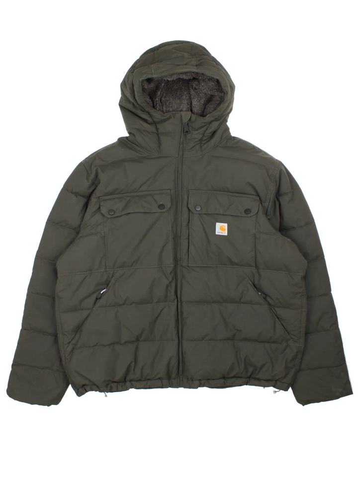 Carhartt Montana Puffer Coat in a black colourway, zips up and has multiple pockets, hooded and has the logo embroidered on the front.
