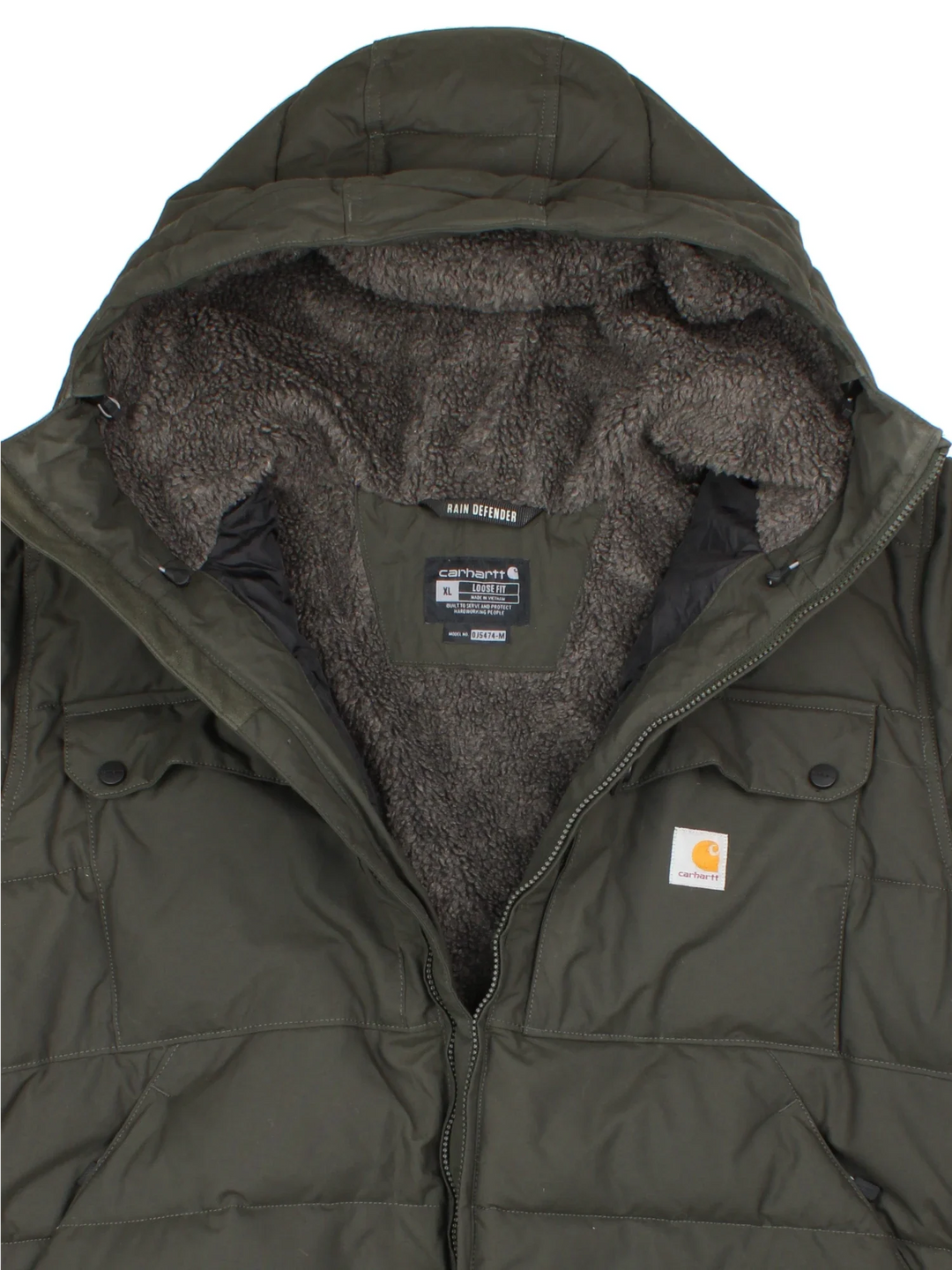 Carhartt Montana Puffer Coat in a black colourway, zips up and has multiple pockets, hooded and has the logo embroidered on the front.