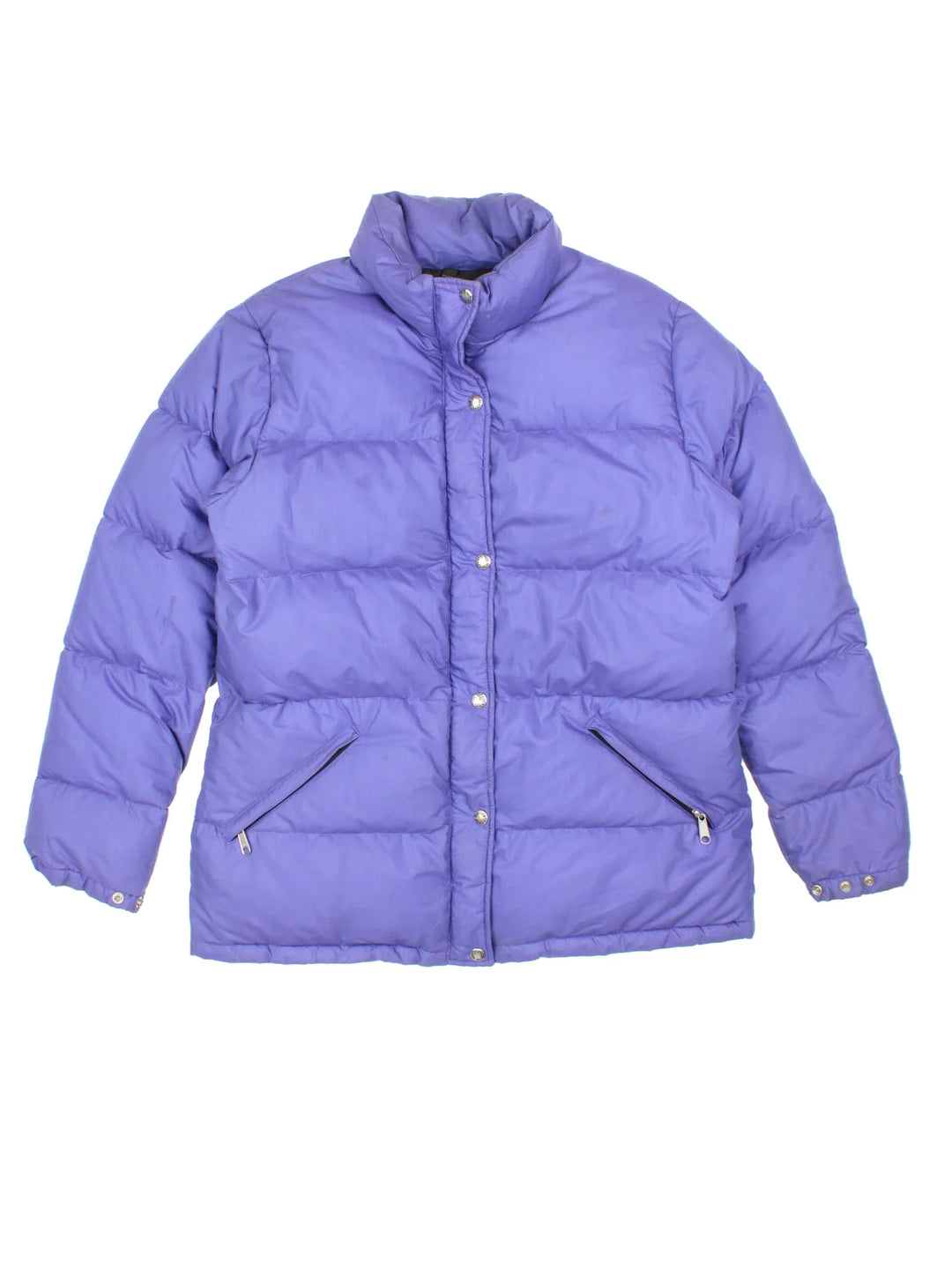 The North Face Puffer Coat in a purple colourway, full zip up and button up and has multiple pockets, hooded and has the logo embroidered on the front.