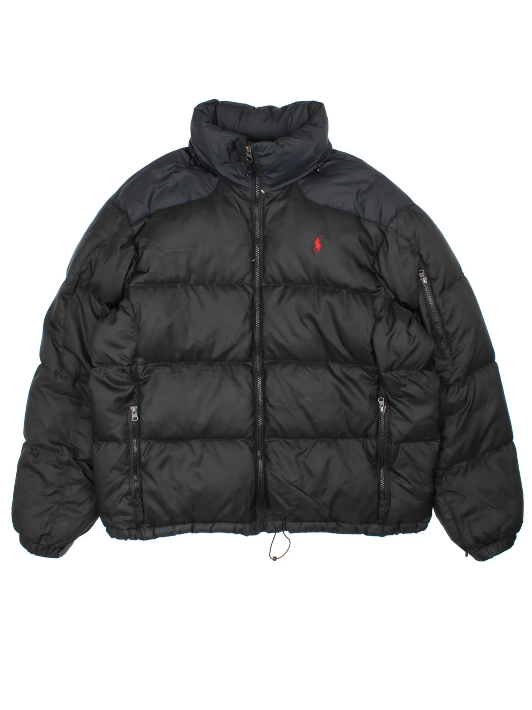 Ralph Lauren Puffer Coat in a black colourway, full zip up and has multiple pockets, classic logo embroidered on the front.