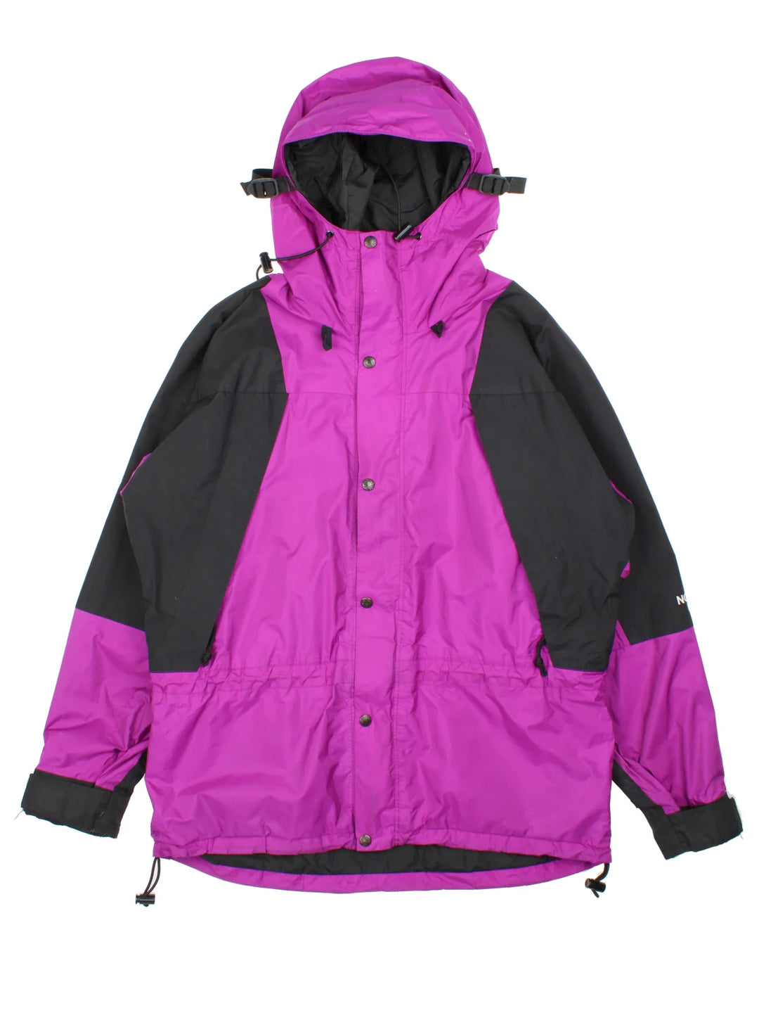 Vintage 90's The North Face Gore-Tex Mountain Jacket in a purple colourway with black panelling, full zip up and button up. multiple pockets, hood, drawstring hem and has the logo embroidered on the sleeve and front.