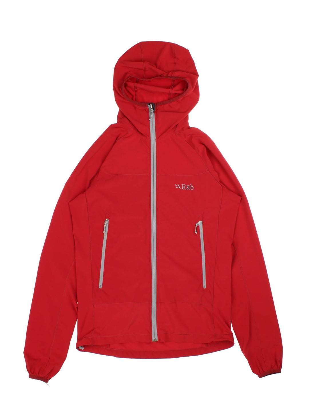 Vintage Rab Ventus Jacket in a red colourway with hood and contrast grey zip fastening/pockets. Logo embroidered on the front.