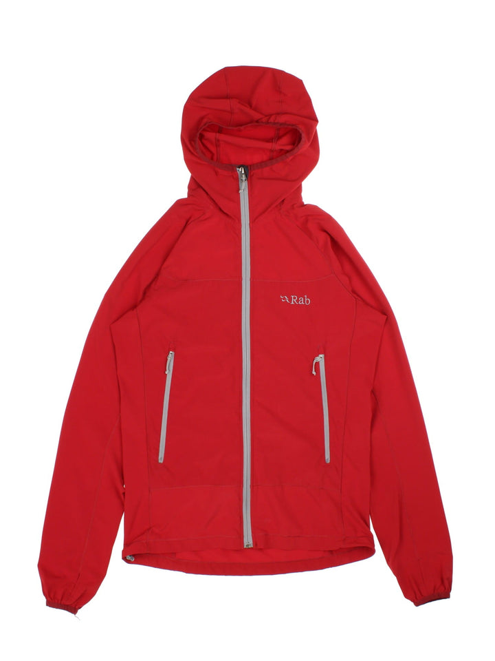Vintage Rab Ventus Jacket in a red colourway with hood and contrast grey zip fastening/pockets. Logo embroidered on the front.