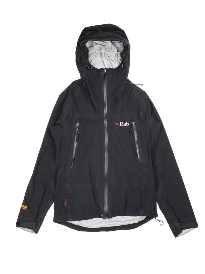 Vintage Rab Neutrino Jacket in a black colourway. Zip fastening with hood and zipped pockets. Contrast grey lining and embroided logo.