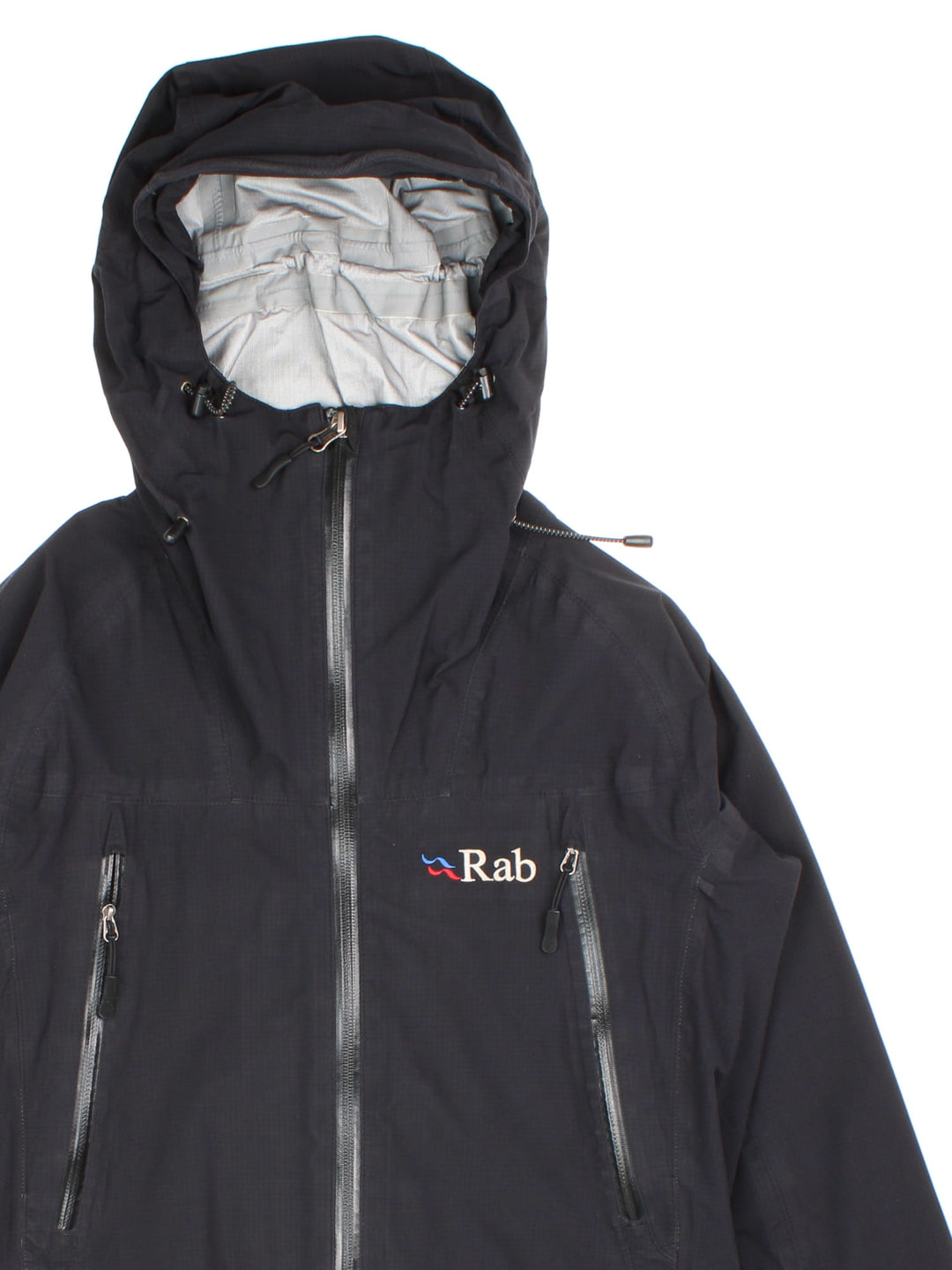 Vintage Rab Neutrino Jacket in a black colourway. Zip fastening with hood and zipped pockets. Contrast grey lining and embroided logo.