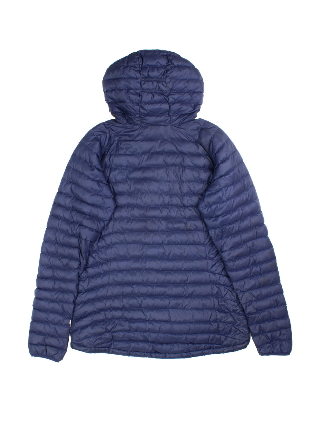 Vintage Rab Microlight Alpine Jacket in a blue colourway with contrast pink lining. Features hood, zip fastening/pockets and printed logo on the front.