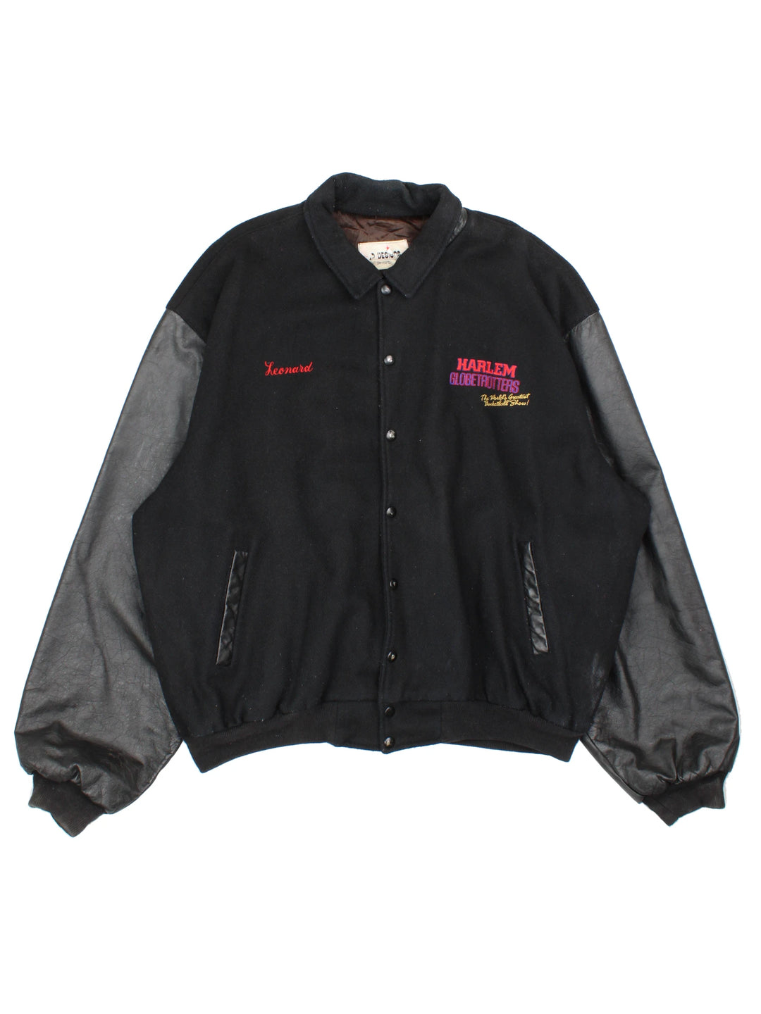 Vintage Harlem Globetrotters 'World Tour' varsity jacket by LP Designs, features embroidered name, badges and spell-out motif on the back