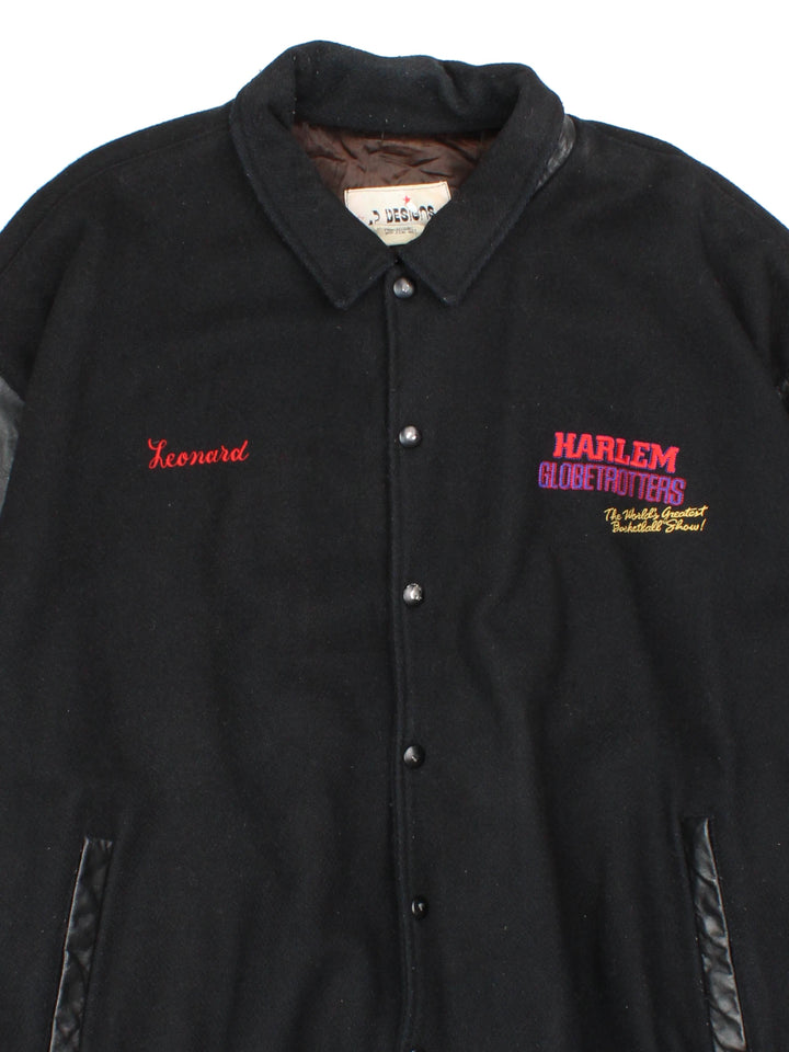 Vintage Harlem Globetrotters 'World Tour' varsity jacket by LP Designs, features embroidered name, badges and spell-out motif on the back