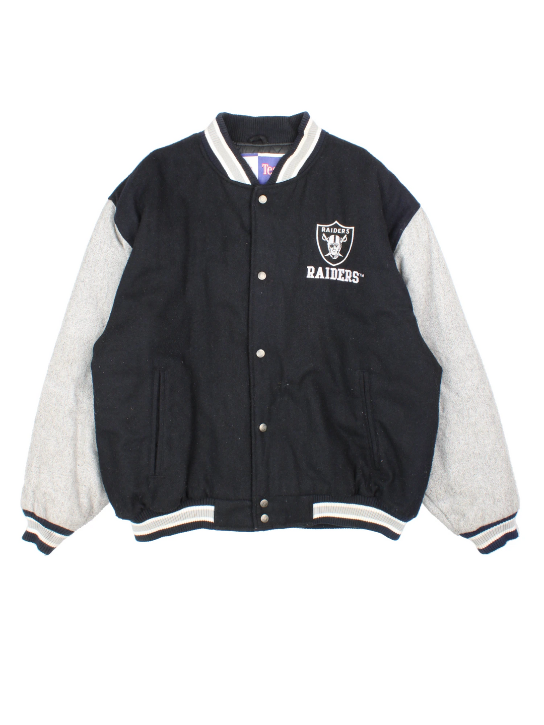 Oakland Raiders black and grey wool varsity jacket by Logo 7 features embroidered badges and lettering 