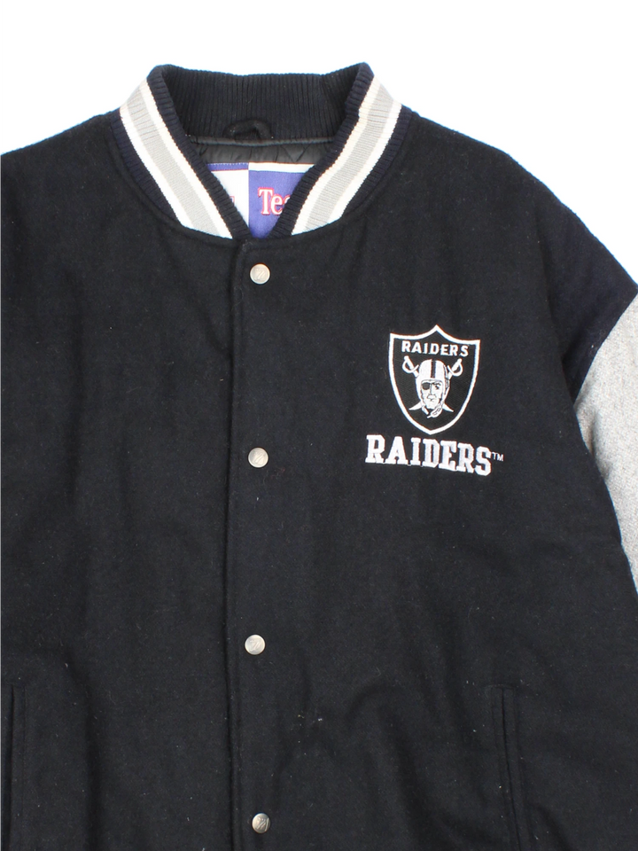 Oakland Raiders black and grey wool varsity jacket by Logo 7 features embroidered badges and lettering 