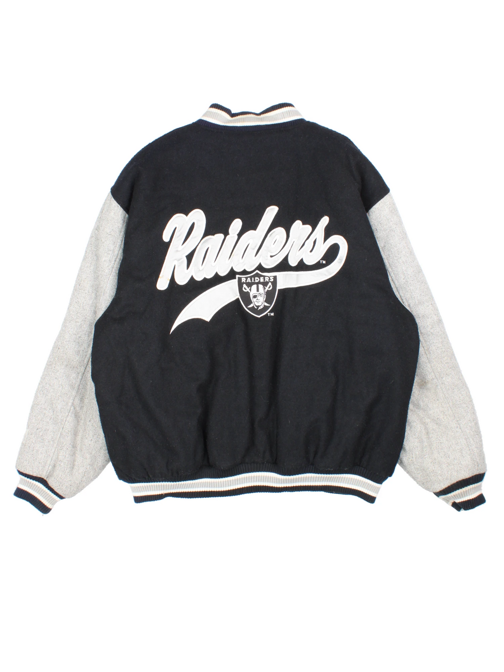 Oakland Raiders black and grey wool varsity jacket by Logo 7 features embroidered badges and lettering 