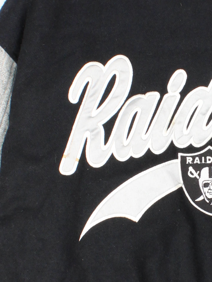 Oakland Raiders black and grey wool varsity jacket by Logo 7 features embroidered badges and lettering 