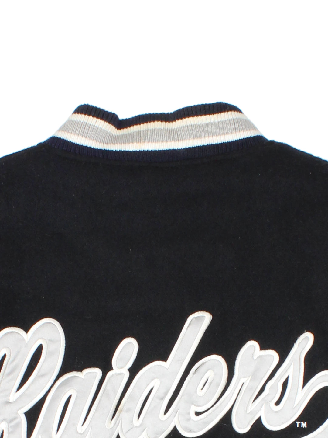 Oakland Raiders black and grey wool varsity jacket by Logo 7 features embroidered badges and lettering 