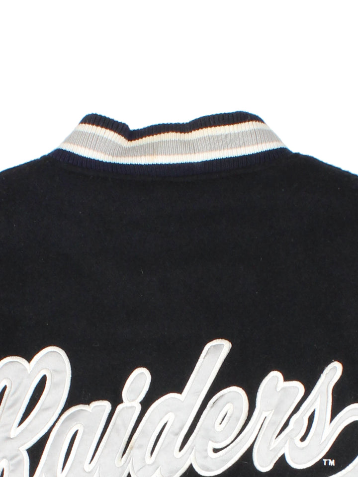 Oakland Raiders black and grey wool varsity jacket by Logo 7 features embroidered badges and lettering 