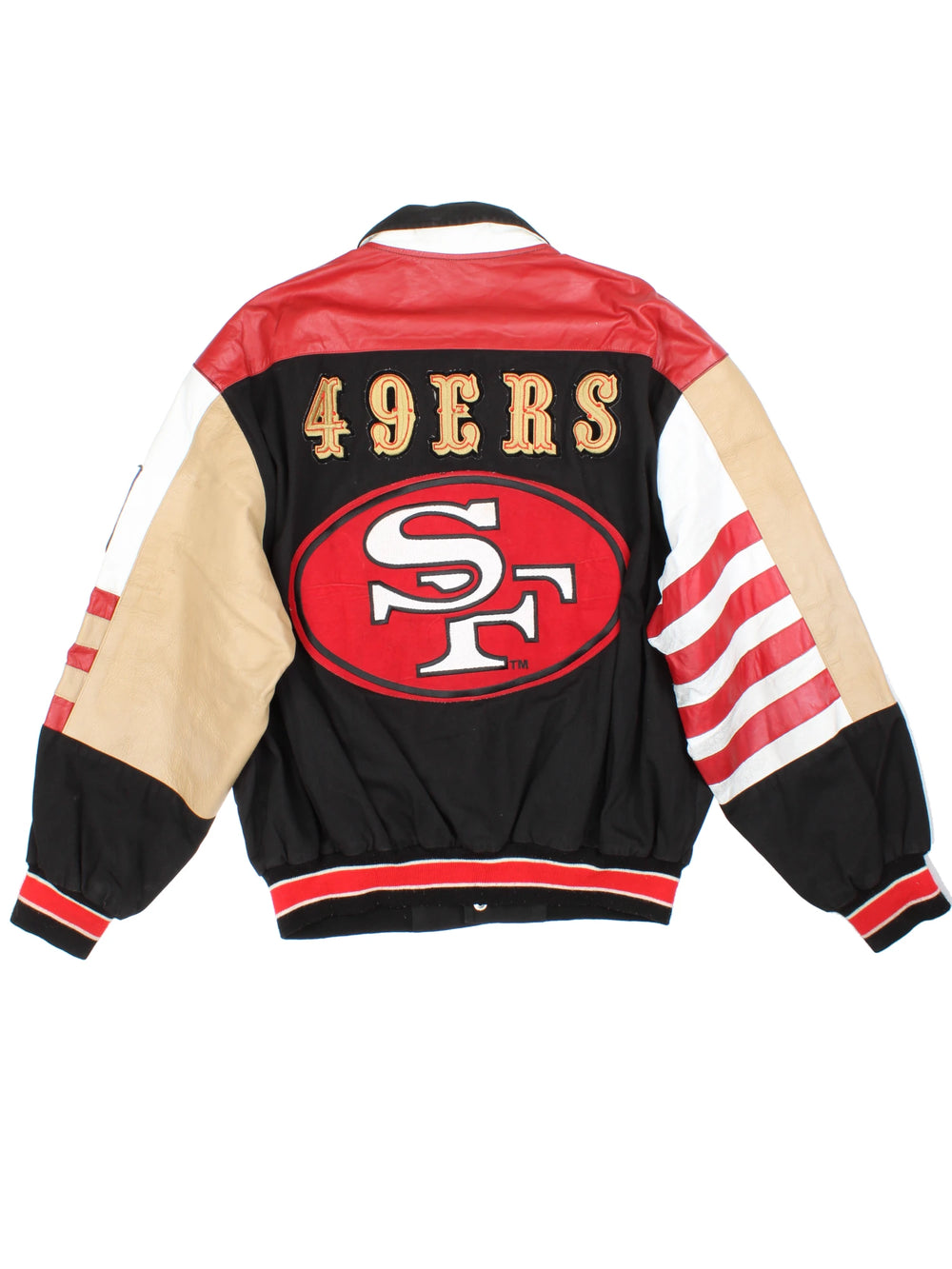 San Francisco 49s, NFL, Jeff Hamilton bomber-style pro sport jacket in a black colourway with white, red and tan detail. Zip closure with team logos embroidered on the front and back.