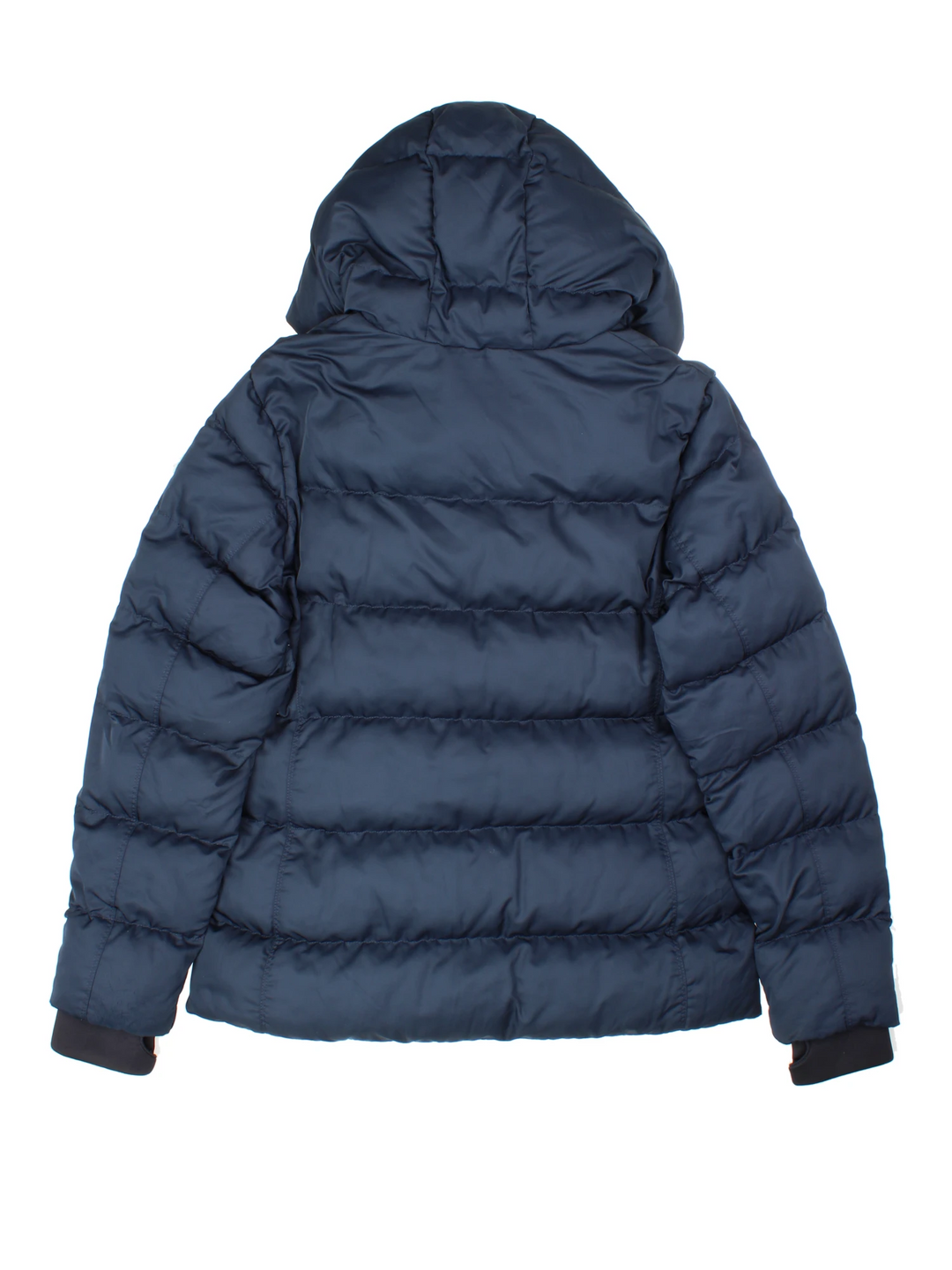 Moncler Cardere down puffer coat in a navy blue colourway. The coat has a puffer lining and the Moncler logo embroidered around the collar. There are extra thermal lined cuffs and a double zip for extra warmth.  