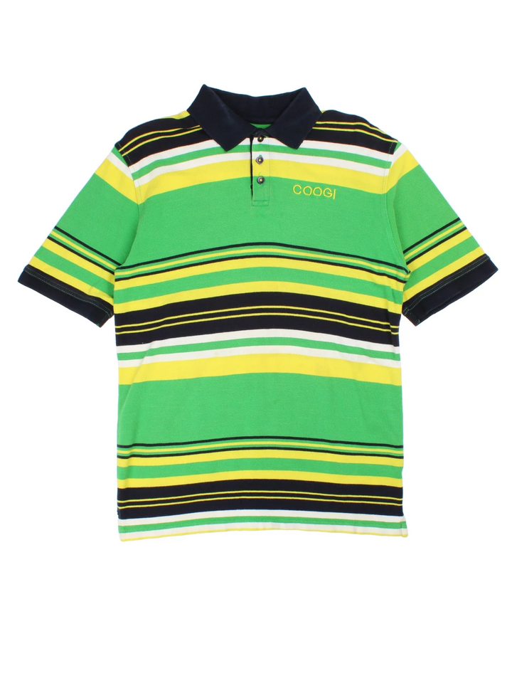 Vintage Coogi Polo Shirt in a green, black, yellow and white striped colourway, button up collar with the logo embroidered on the front.