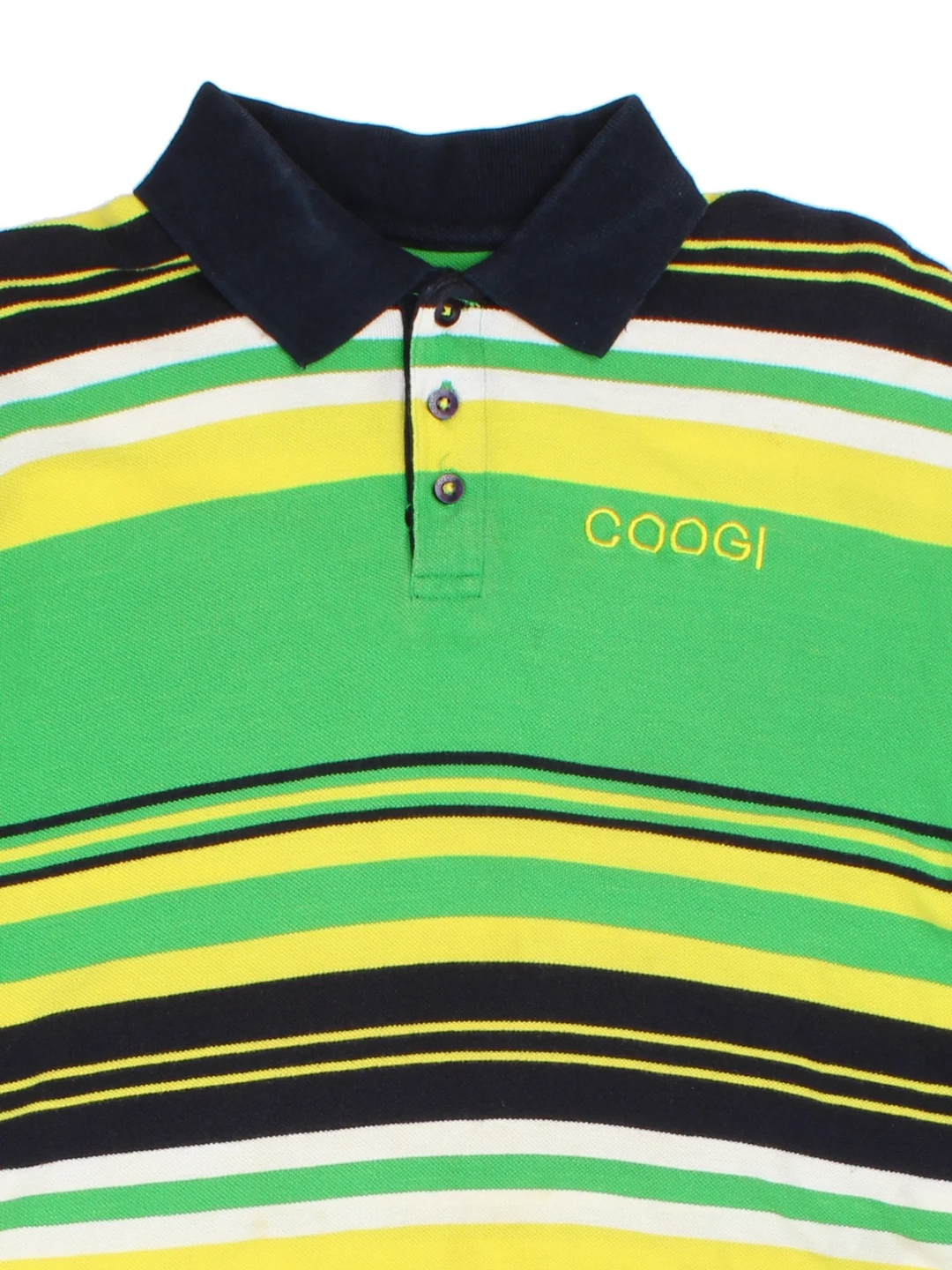 Vintage Coogi Polo Shirt in a green, black, yellow and white striped colourway, button up collar with the logo embroidered on the front.