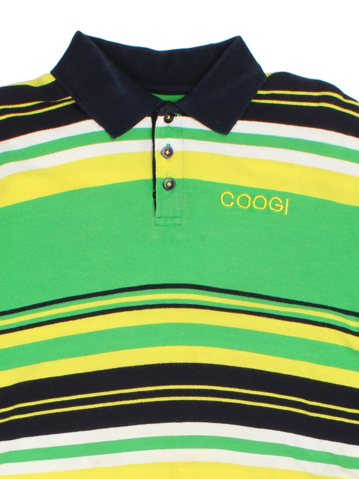 Vintage Coogi Polo Shirt in a green, black, yellow and white striped colourway, button up collar with the logo embroidered on the front.
