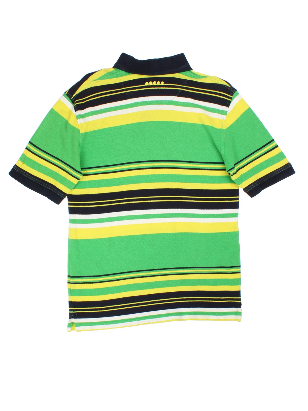 Vintage Coogi Polo Shirt in a green, black, yellow and white striped colourway, button up collar with the logo embroidered on the front.