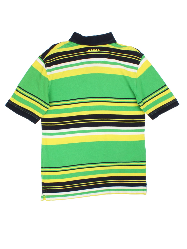 Vintage Coogi Polo Shirt in a green, black, yellow and white striped colourway, button up collar with the logo embroidered on the front.