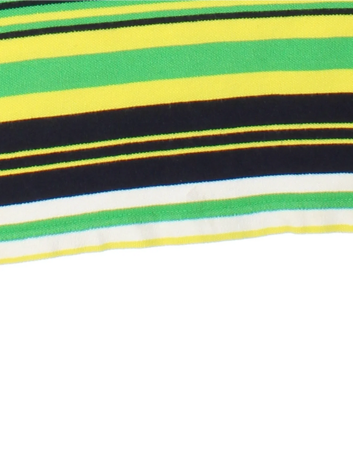 Vintage Coogi Polo Shirt in a green, black, yellow and white striped colourway, button up collar with the logo embroidered on the front.