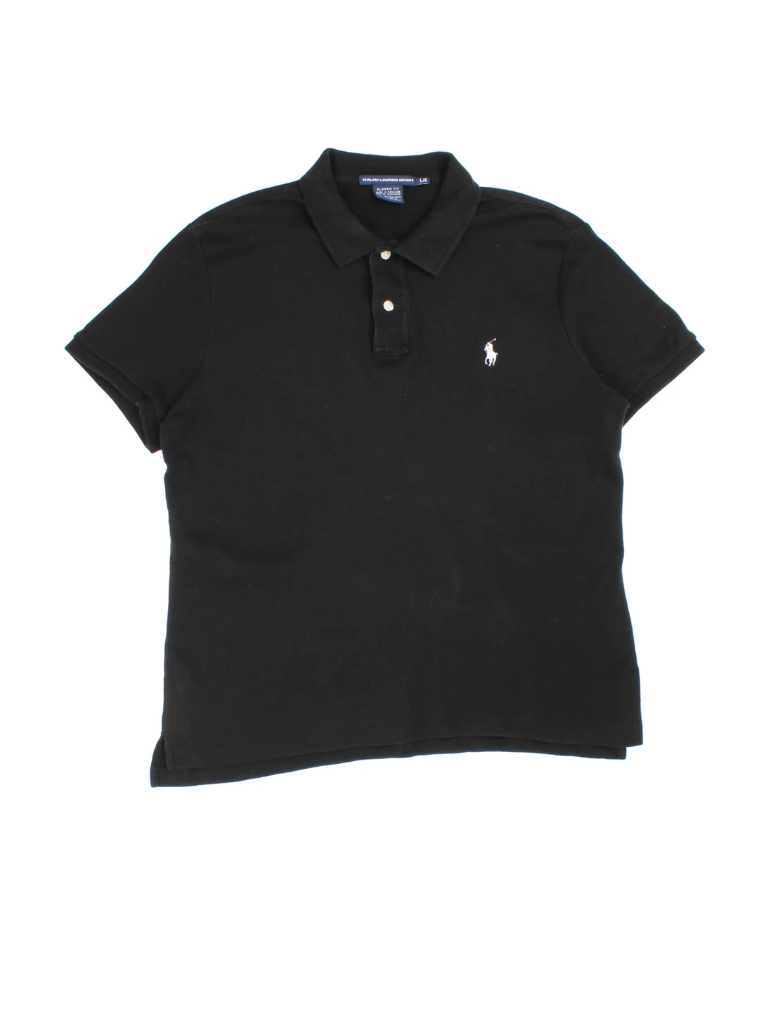 Ralph Lauren Polo Shirt in a black colourway, button up collar with the logo embroidered on the front.