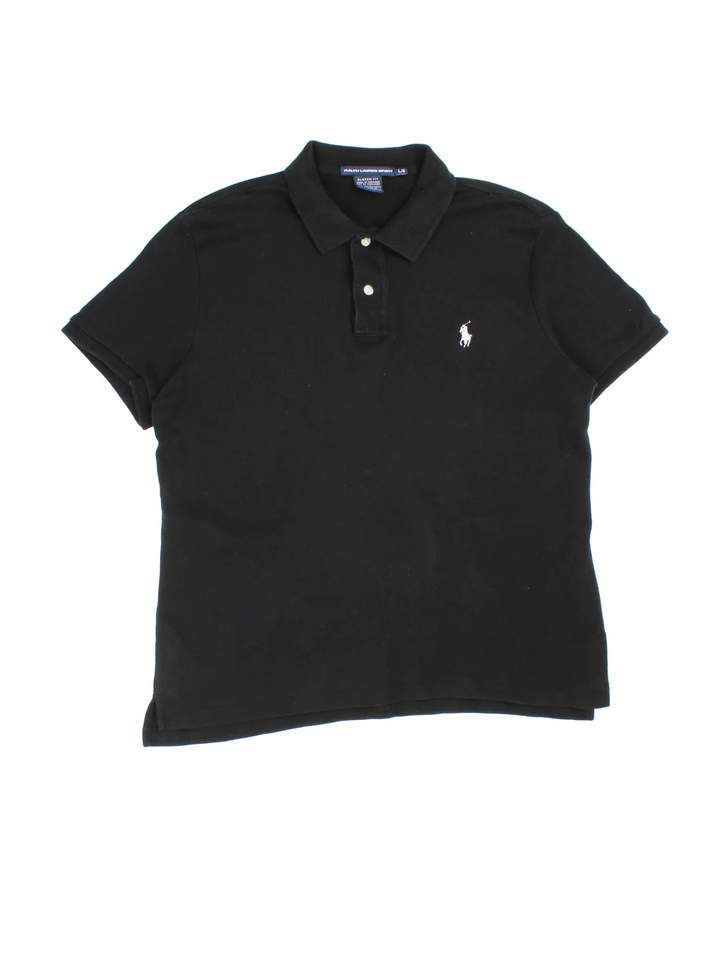Ralph Lauren Polo Shirt in a black colourway, button up collar with the logo embroidered on the front.