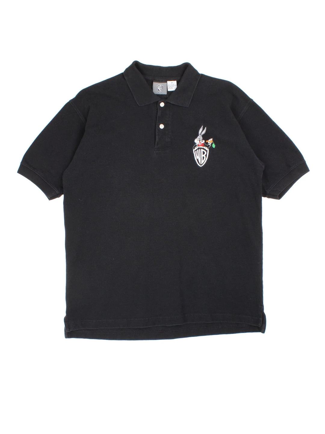 Vintage 90's Warner Bros Bugs Bunny Looney Tunes Polo Shirt in a black colourway, button up collar with the logo and Bugs Bunny graphic embroidered on the front.