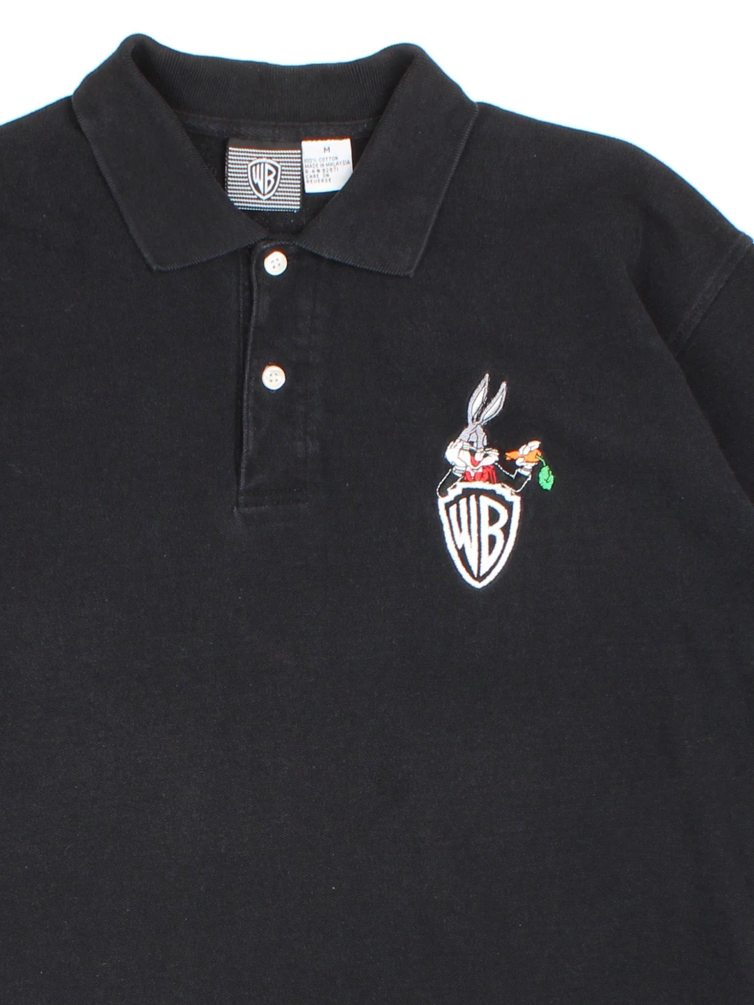 Vintage 90's Warner Bros Bugs Bunny Looney Tunes Polo Shirt in a black colourway, button up collar with the logo and Bugs Bunny graphic embroidered on the front.