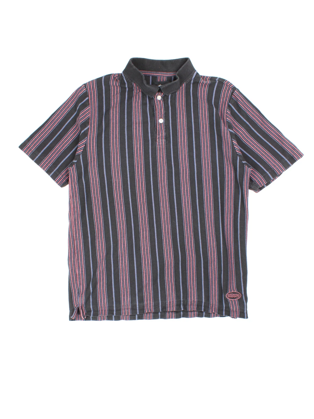 Stussy Revival Stripe Polo Shirt in a grey, black and pink colourway, button up collar with the logo embroidered on the front by the hem.