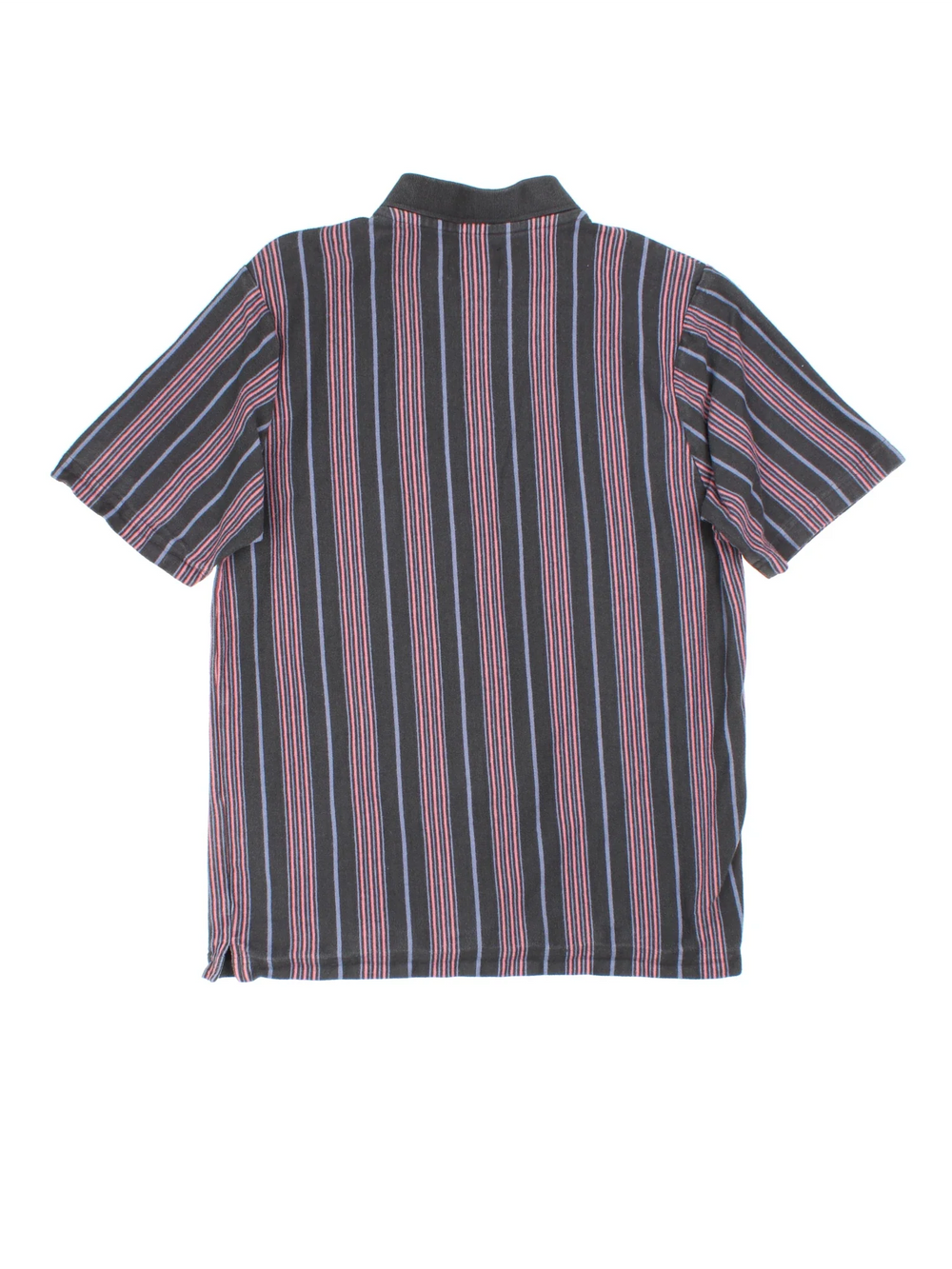 Stussy Revival Stripe Polo Shirt in a grey, black and pink colourway, button up collar with the logo embroidered on the front by the hem.