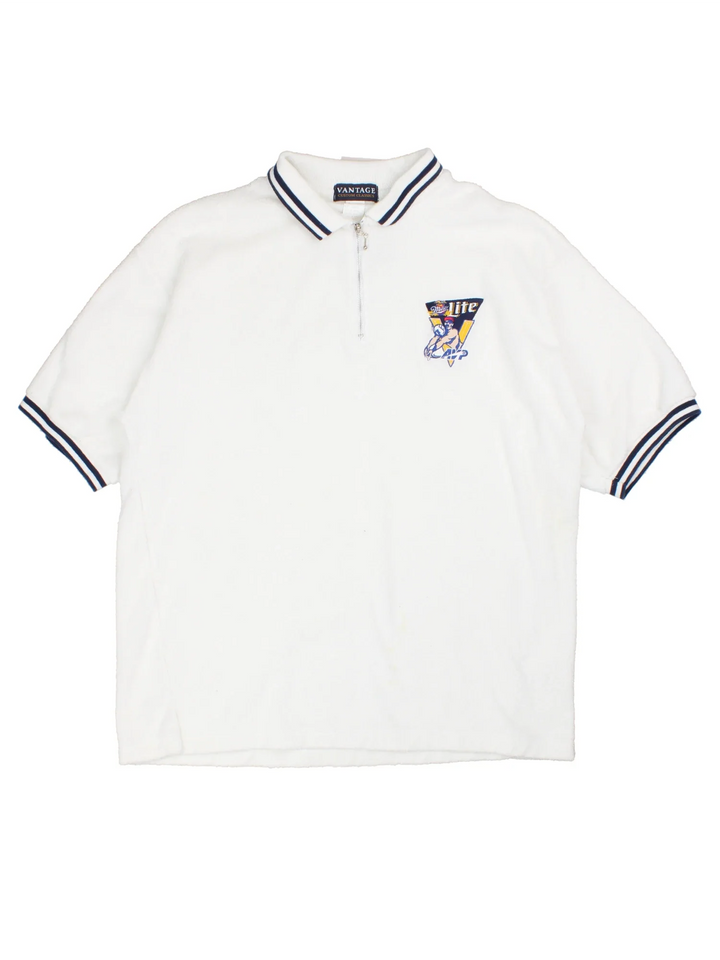 Vintage 90's Miller Lite Hockey Polo Shirt in a white colourway, towelling material, zip up collar with the logo and hockey graphic embroidered on the front.