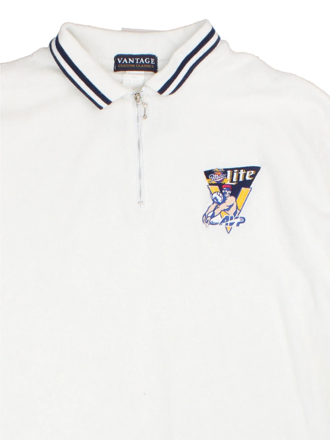 Vintage 90's Miller Lite Hockey Polo Shirt in a white colourway, towelling material, zip up collar with the logo and hockey graphic embroidered on the front.
