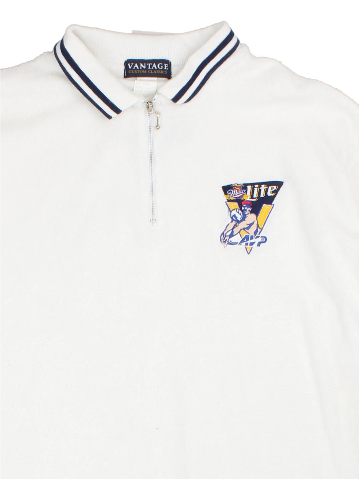 Vintage 90's Miller Lite Hockey Polo Shirt in a white colourway, towelling material, zip up collar with the logo and hockey graphic embroidered on the front.