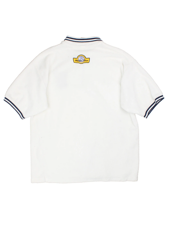  90's Miller Lite Hockey Polo Shirt in a  colourway, towelling material, zip up collar with the logo and hockey graphic embroidered on the front.