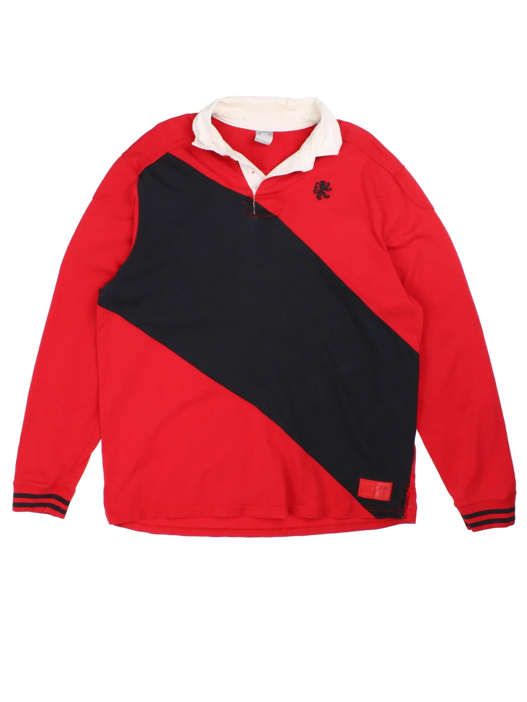 Nike LeBron James Vivat Rex Polo Rugby Shirt in a red and navy colourway, button up collar with the logo embroidered on the front and number 6 and the spell out on the back.