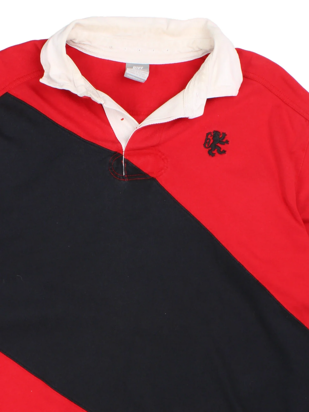 Nike LeBron James Vivat Rex Polo Rugby Shirt in a red and navy colourway, button up collar with the logo embroidered on the front and number 6 and the spell out on the back.